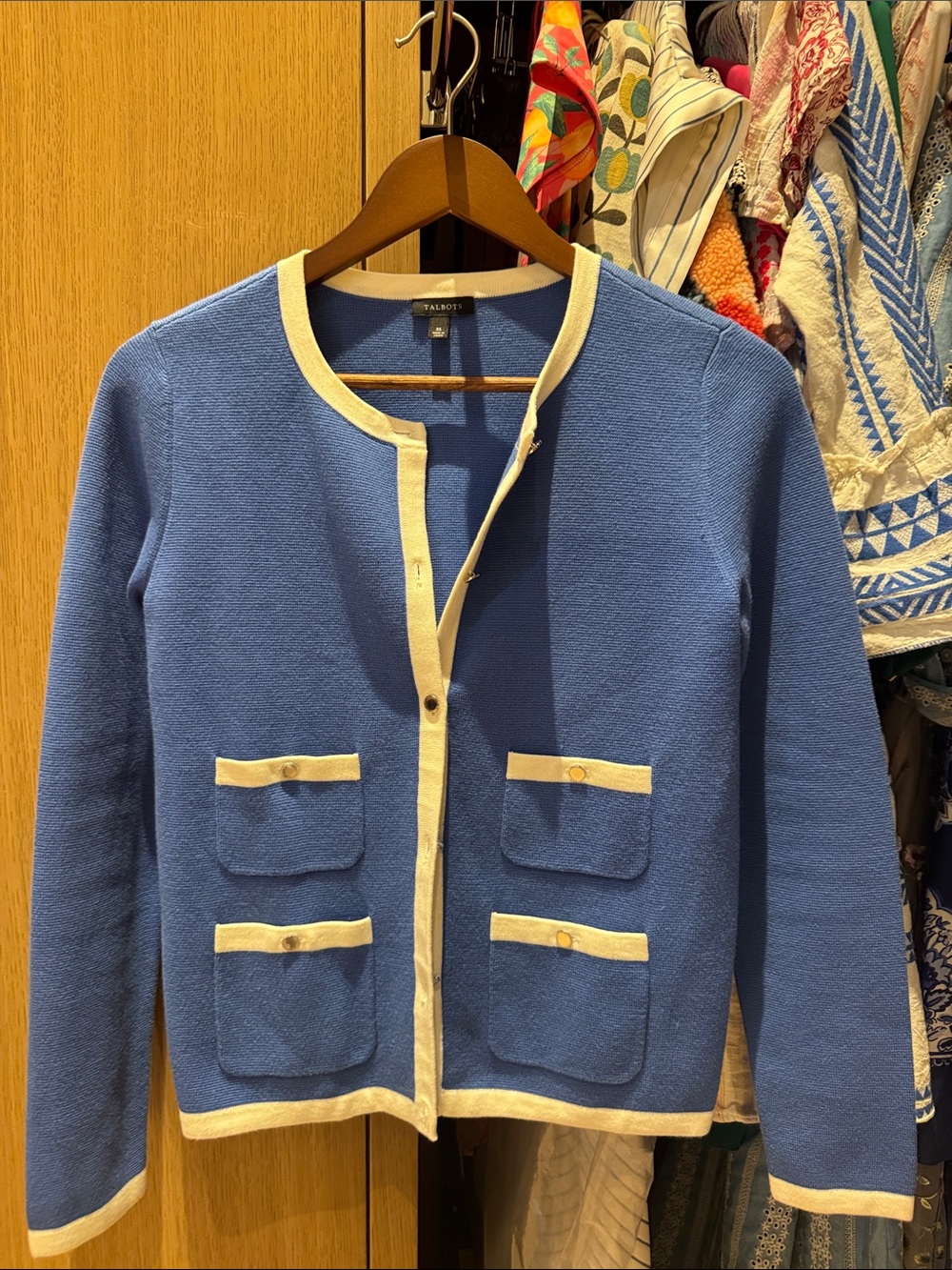 Talbots Blue knit sweater with Cream Trim and Four Pockets